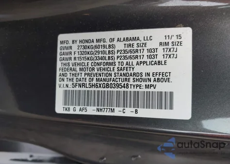 2016 Honda Odyssey Ex-L z USA, uszkodzony, nr VIN 5FNRL5H6XGB039548